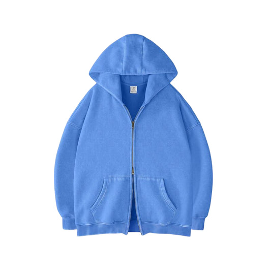 Unisex Double Zipper Acid Washed Fleece Zip Up Hoodies