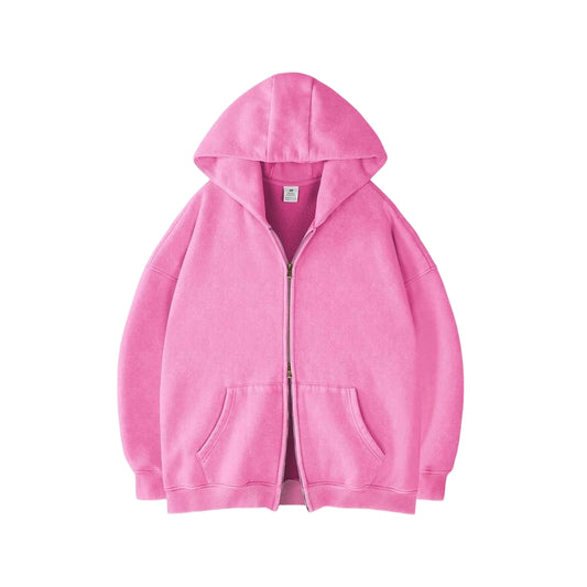 Unisex Double Zipper Acid Washed Fleece Zip Up Hoodies