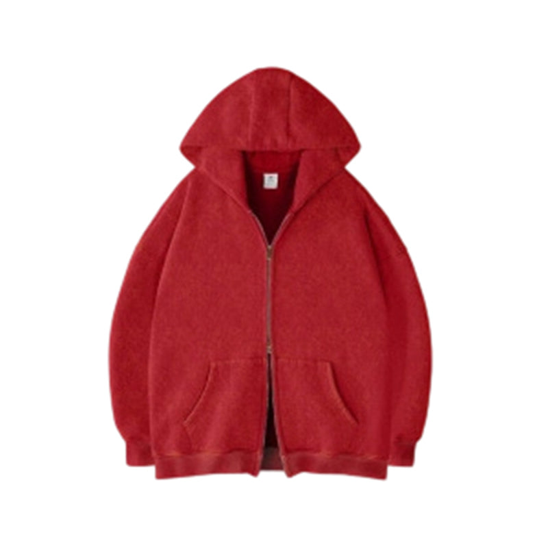 Unisex Double Zipper Acid Washed Fleece Zip Up Hoodies