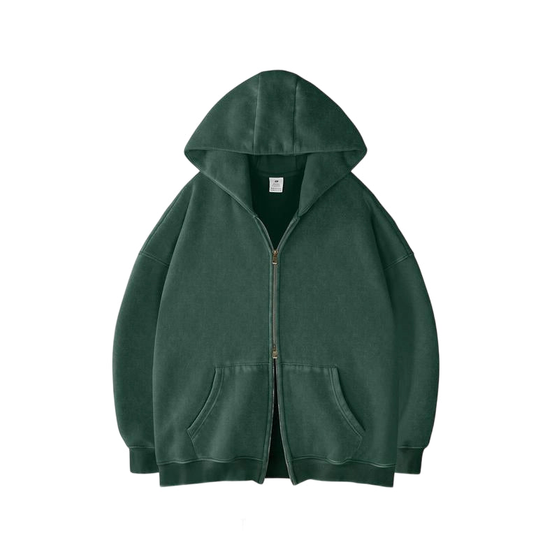 Unisex Double Zipper Acid Washed Fleece Zip Up Hoodies