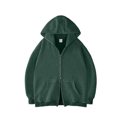 Unisex Double Zipper Acid Washed Fleece Zip Up Hoodies