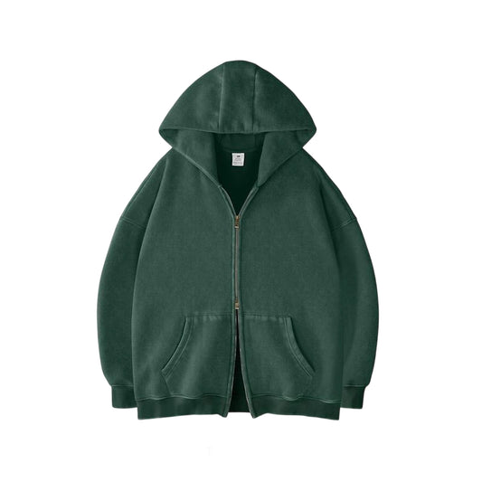 Unisex Double Zipper Acid Washed Fleece Zip Up Hoodies