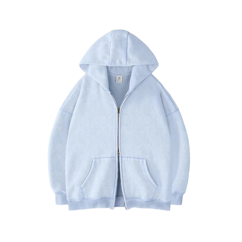 Unisex Double Zipper Acid Washed Fleece Zip Up Hoodies