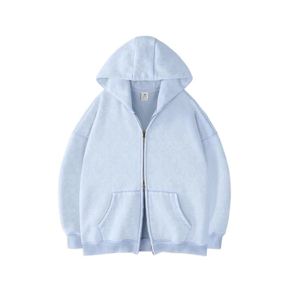 Unisex Double Zipper Acid Washed Fleece Zip Up Hoodies