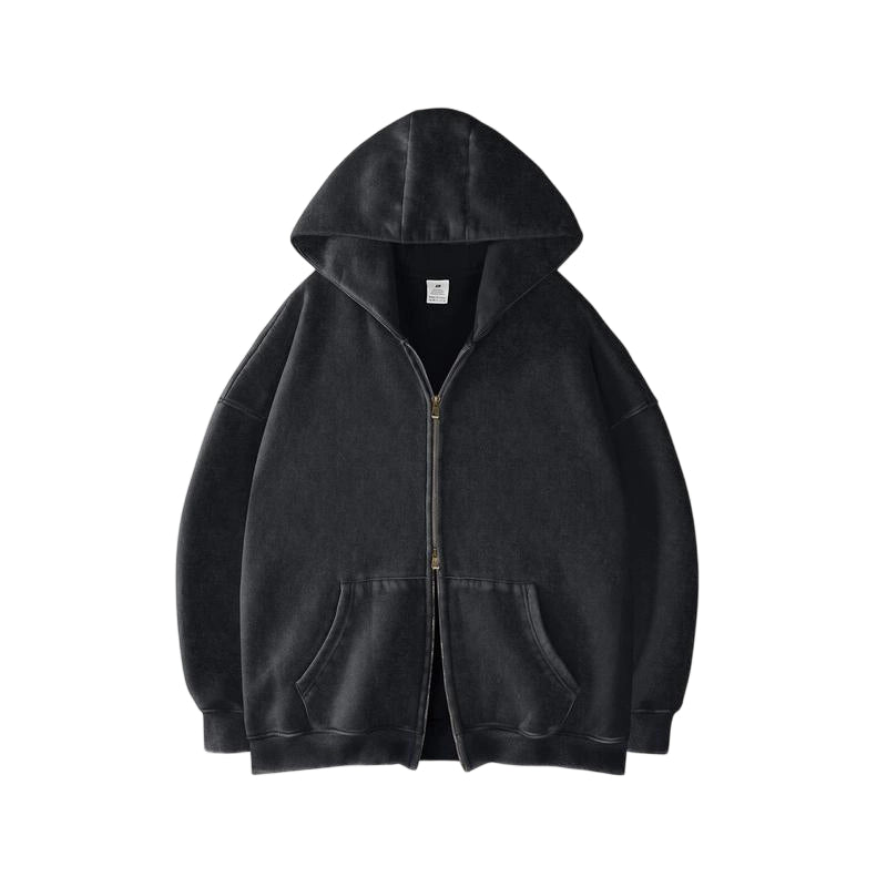 Unisex Double Zipper Acid Washed Fleece Zip Up Hoodies