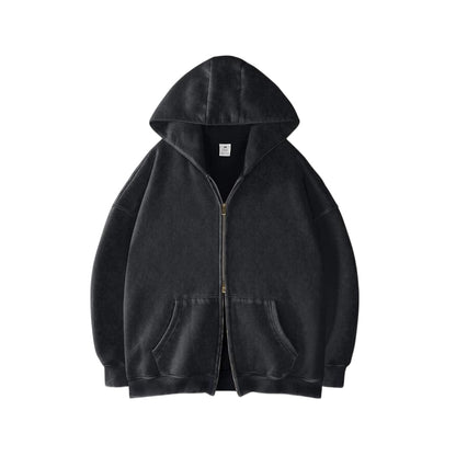 Unisex Double Zipper Acid Washed Fleece Zip Up Hoodies
