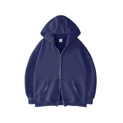 Unisex Double Zipper Acid Washed Fleece Zip Up Hoodies