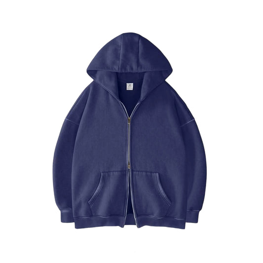 Unisex Double Zipper Acid Washed Fleece Zip Up Hoodies