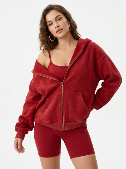 Unisex Double Zipper Acid Washed Fleece Zip Up Hoodies